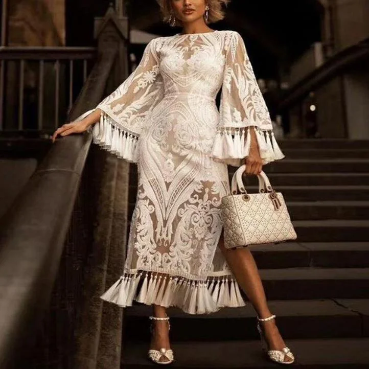 Women midi white lace flower fringe slit prom party dresses Turtleneck Neckline Stylish Women midi white lace flower fringe slit prom party dresses Turtleneck Neckline Stylish