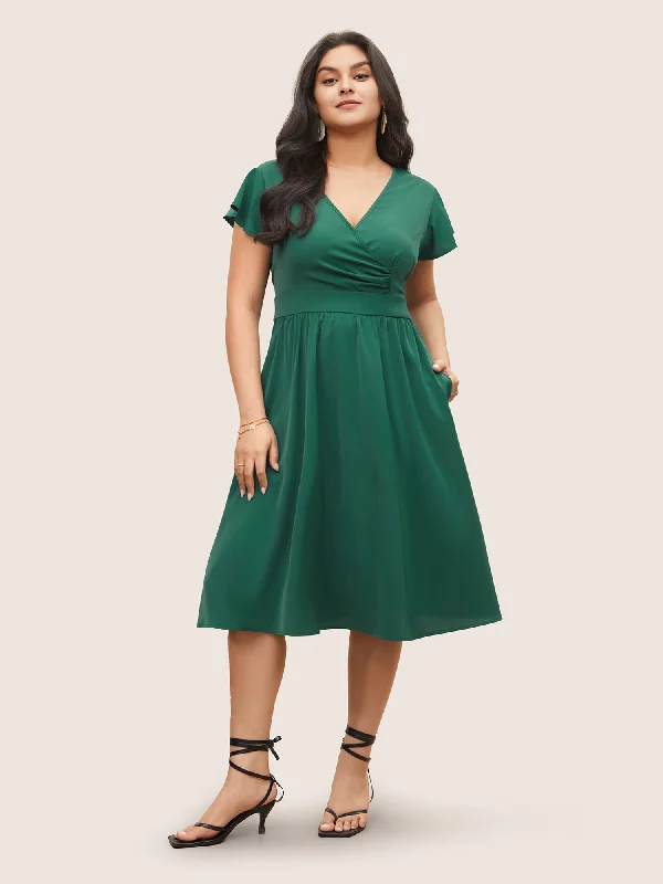 Overlap Collar Ruffle Cap Sleeve Gathered Dress Halter Neckline Beach