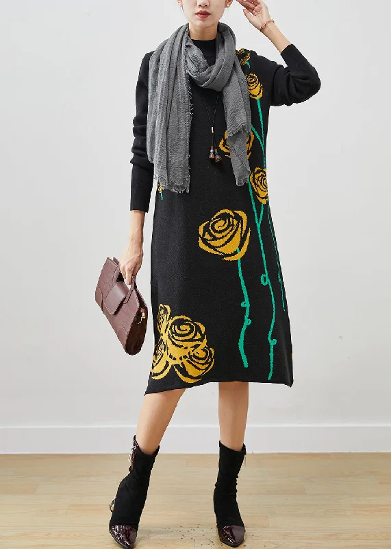 Vintage Black Stand Collar Floral Jacquard Knit Long Dress Spring Tunics Running lightweight