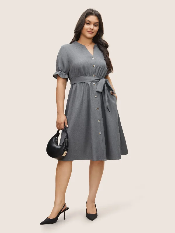 Notched Button Detail Elastic Waist Belted Dress Tunics Cozy comfortable