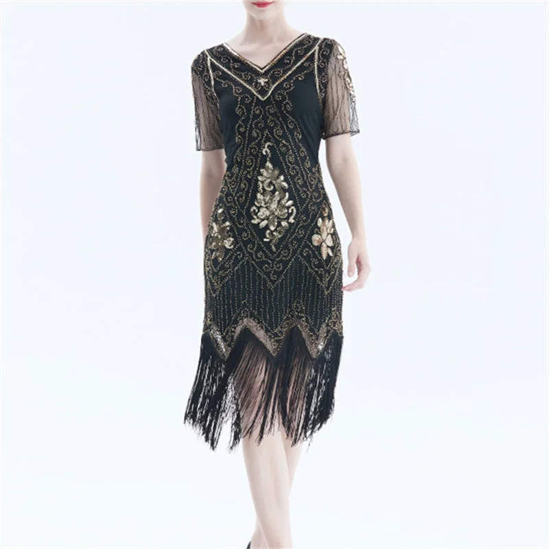 Lady's vintage 1920s sequins costume midi dress | Premium luxury retro tassels party dress empire Waist empire Lady's vintage 1920s sequins costume midi dress | Premium luxury retro tassels party dress empire Waist empire