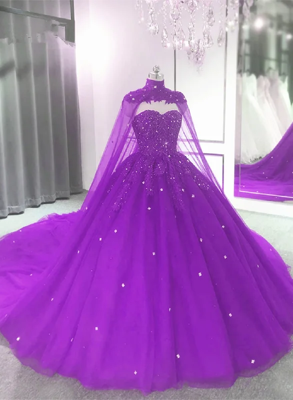 Purple Tulle Quinceanera Dress Lace Applique Beaded Cape, Purple Formal Dress Party Dress Tunics Velvet soft