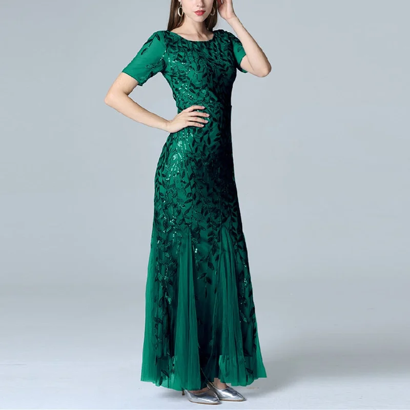 Premium flroal sequins mesh patchwork short sleeves mermaid maxi dress | Luxury evening gowns cocktail party dress Square Neckline Feminine Premium flroal sequins mesh patchwork short sleeves mermaid maxi dress | Luxury evening gowns cocktail party dress Square Neckline Feminine