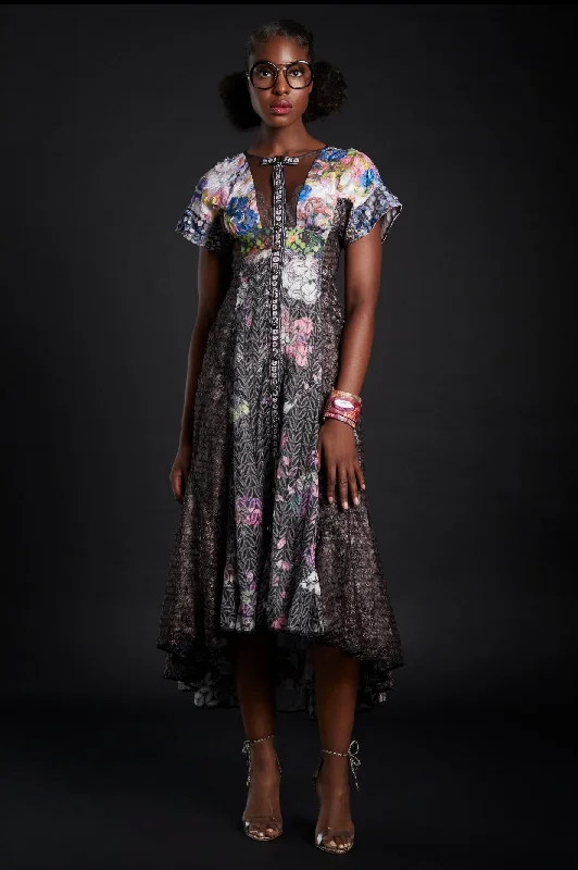 Bustle-Back Floral Lace Garden Party Dress Tunics Prom sequined