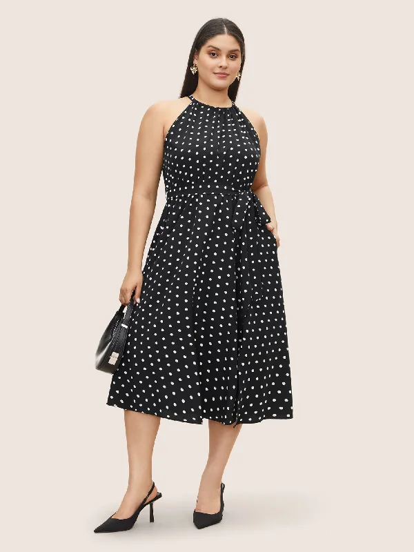 Polka Dot Halter Elastic Waist Belted Gathered Dress Tunics Hiking breathable