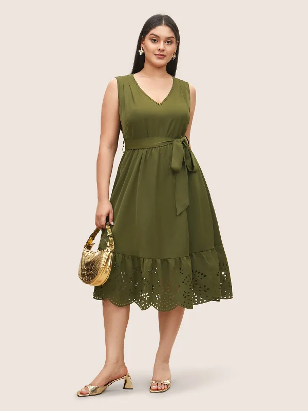 Plain Laser Cut Belted Gathered Dress Tunics Chic elegant