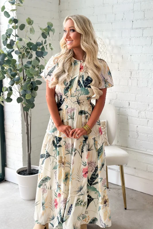 Ivory Combo Floral Print Tiered Smocked Dress empire Waist empire
