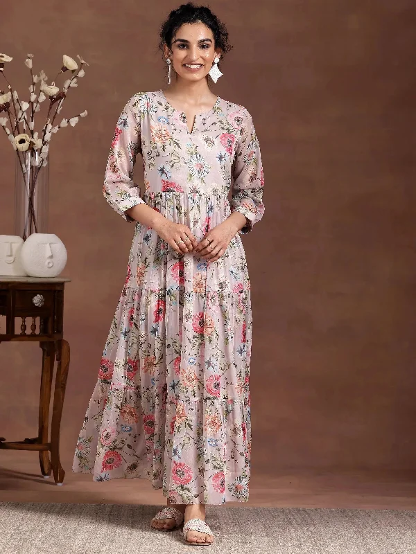 Pink Printed Chiffon Fit and Flare Dress Tunics Trendy modern