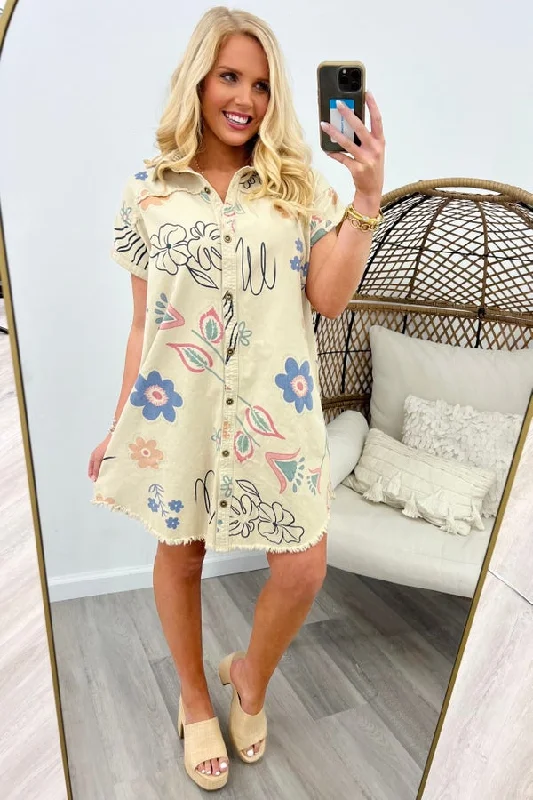 Khaki Collared Short Sleeve Flower Print Dress Halter Neckline Beach