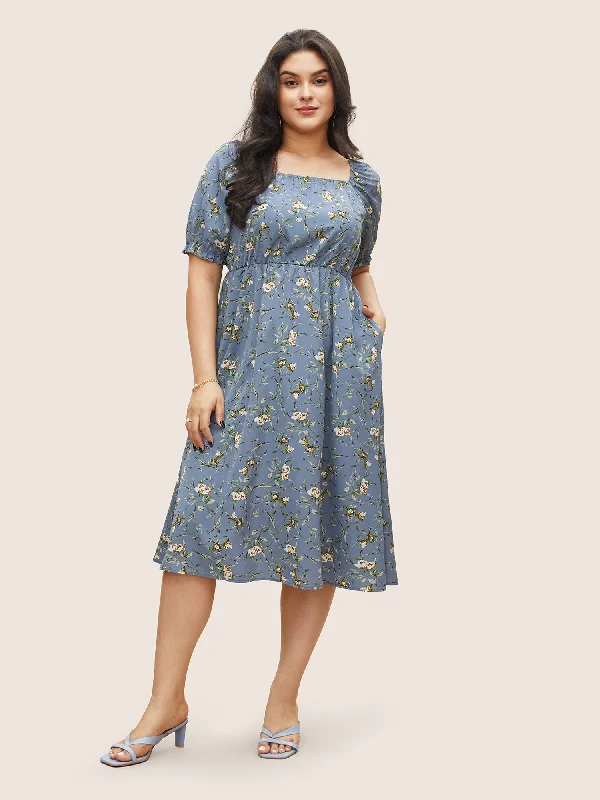Ditsy Floral Square Neck Elastic Waist Gathered Dress Tunics Spring floral