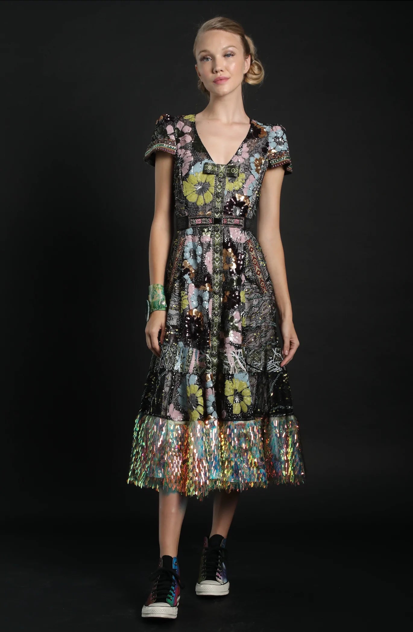 Sequined Floral Party Dress Tunics Formal black