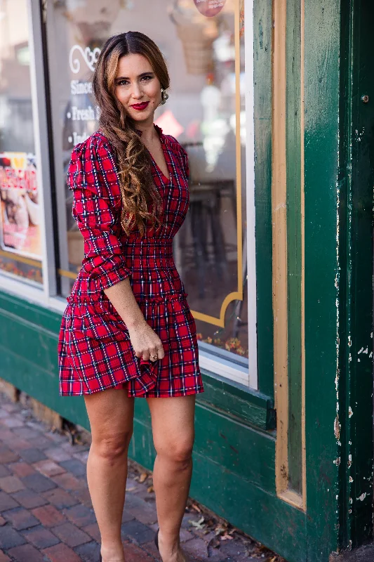 Sail to Sable Isla Smocked Waist Dress - Red Tartan Tunics Evening elegant