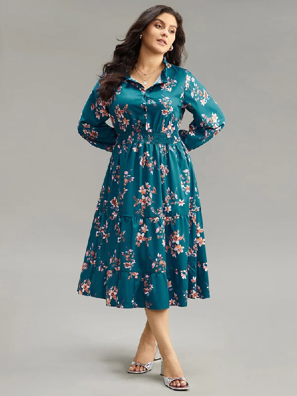 Floral Shirred Button Up Frill Trim Dress Tunics Stylish elegant