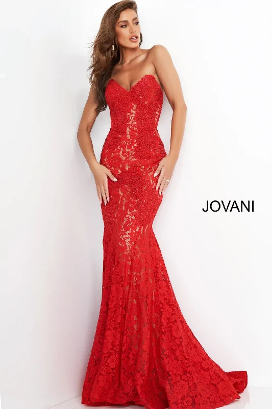 Jovani 37334 strapless embellished lace prom dress Fitted Mermaid Long peak point neckline Tunics stripes playful