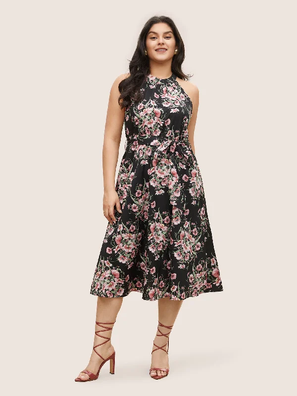 Floral Print Halter Elastic Waist Belted Dress Tunics Versatile all-occasion