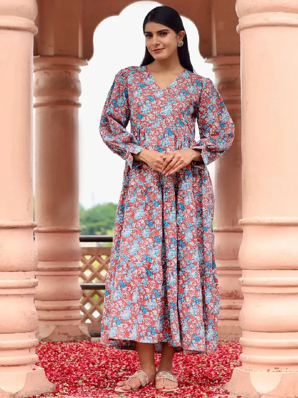 Peach Printed Cotton Fit and Flare Dress Tunics Stylish modern