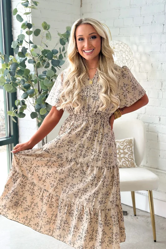 Taupe Floral Elastic Waist Dress Tunics Mesh breathable