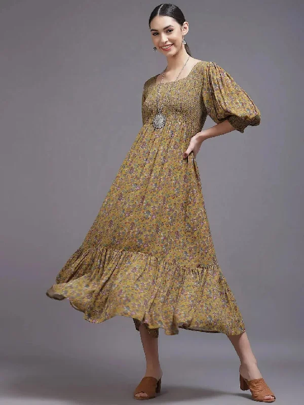 Yellow Printed Georgette Dress Tunics Stylish elegant