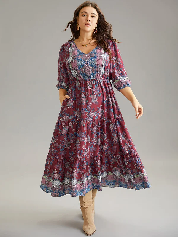 Boho Print Button Detail Ruffle Layered Hem Dress Tunics Short Trendy