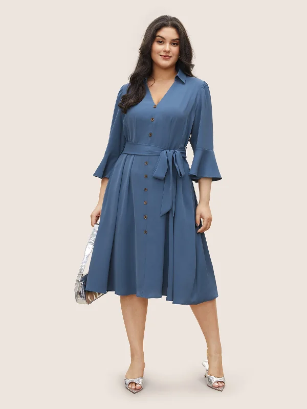 Solid Belted Pleated Ruffle Sleeve Dress Tunics Party sparkling
