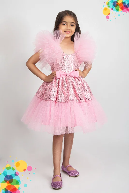 Pre-Order: Sequence Dress with highlighted net sleeve-Pink Floral Print girly