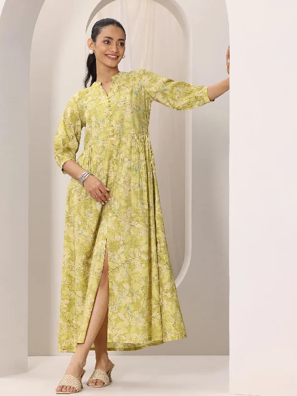 Olive Printed Silk Blend A-Line One Piece Dress Tunics Business professional