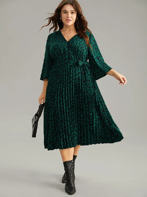 Leopard Wrap Elastic Waist Pleated Belted Dress Boat Neckline Classic