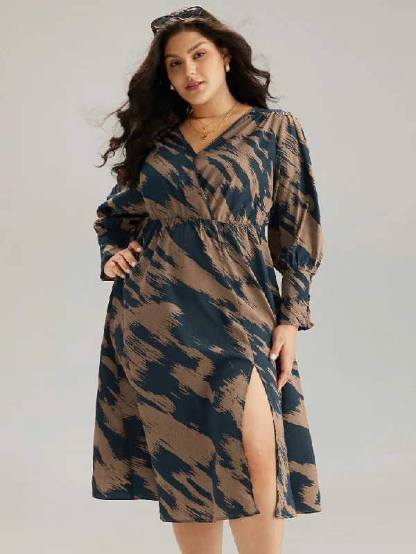 Brush Print Elastic Waist Wrap Split Hem Dress Tunics Chic elegant