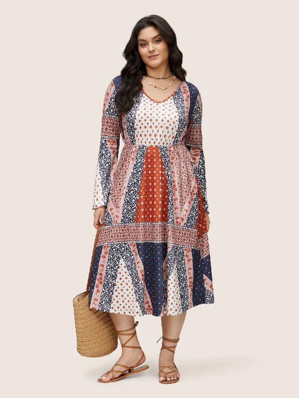 Bandana Patchwork Bell Sleeve Elastic Waist Dress Tunics Lace romantic