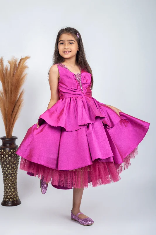 Pre-Order: Stain Silk double flare Dress highlighted with embellished net- Hot Pink Tunics Chic elegant Pre-Order: Stain Silk double flare Dress highlighted with embellished net- Hot Pink Tunics Chic elegant