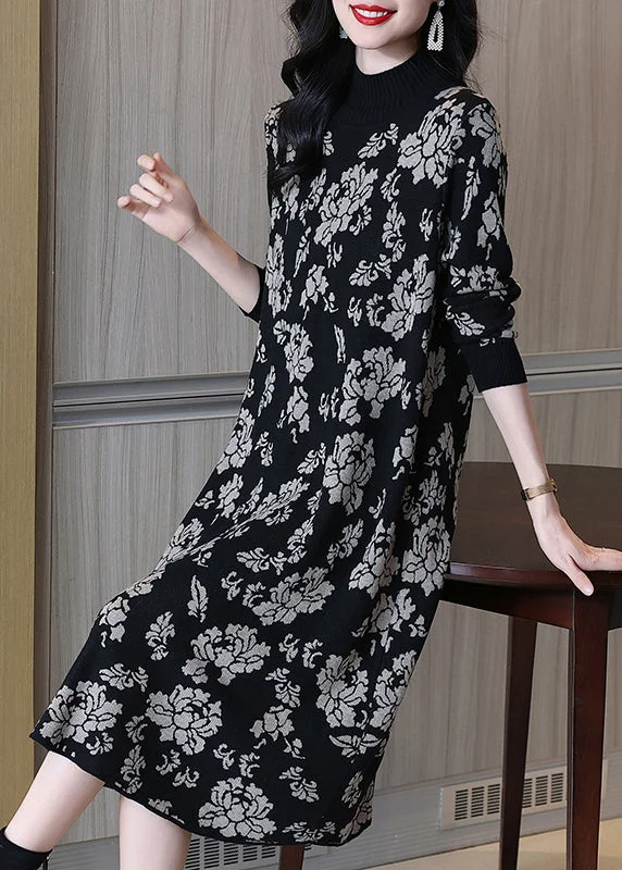 Jacquard Black Turtleneck Patchwork Cotton Knit Long Dress Long Sleeve Square Neckline Feminine Jacquard Black Turtleneck Patchwork Cotton Knit Long Dress Long Sleeve Square Neckline Feminine