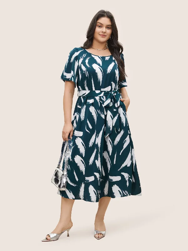 Brush Print Belted Pocket Elastic Waist Dress Tunics New arrival
