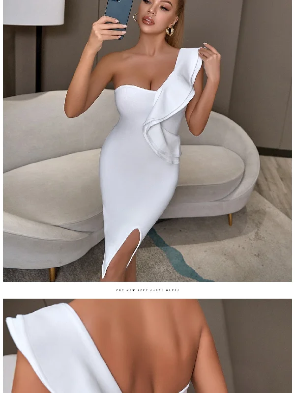 New Summer Women Bandage Dress Sexy One Shoulder Ruffles Bodycon Club Dresses Vestidos Celebrity Evening Party Dress Tunics Wedding white New Summer Women Bandage Dress Sexy One Shoulder Ruffles Bodycon Club Dresses Vestidos Celebrity Evening Party Dress Tunics Wedding white