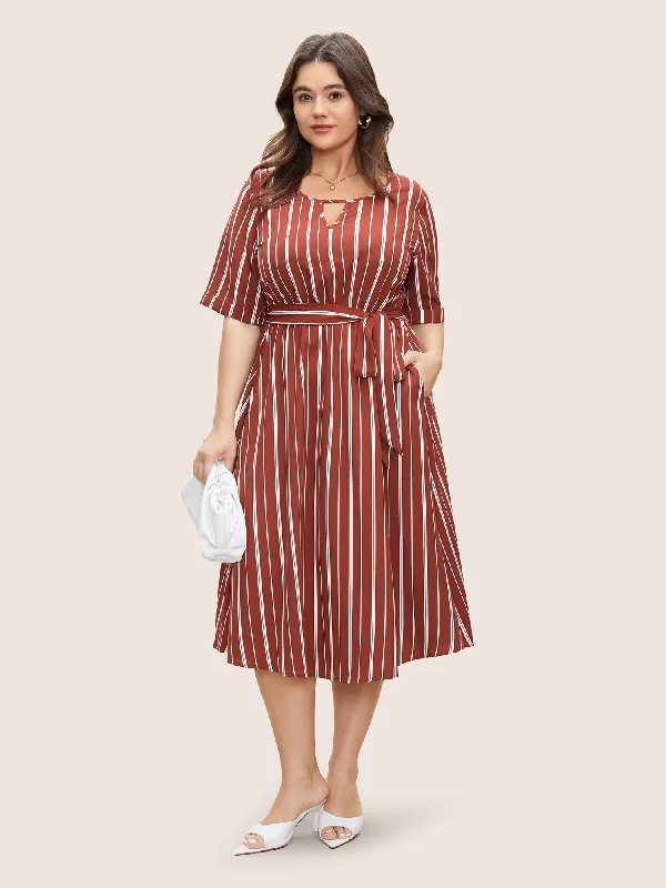 Striped Keyhole Pocket Belted Elastic Waist Dress Tunics Velvet soft