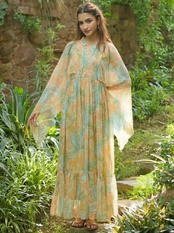 Green Printed Chiffon A-Line Dress Tunics Brand named