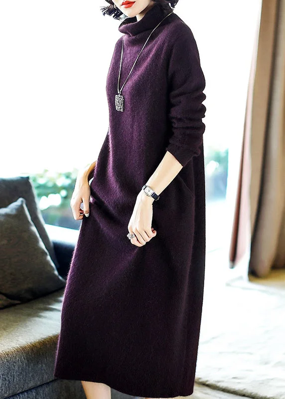 Simple Purple Turtleneck Pockets Cashmere Long Dresses Long Sleeve Tunics Solid Classic