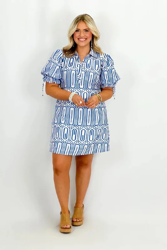 Blue Printed Puff Sleeve Dress Tunics Trendy modern