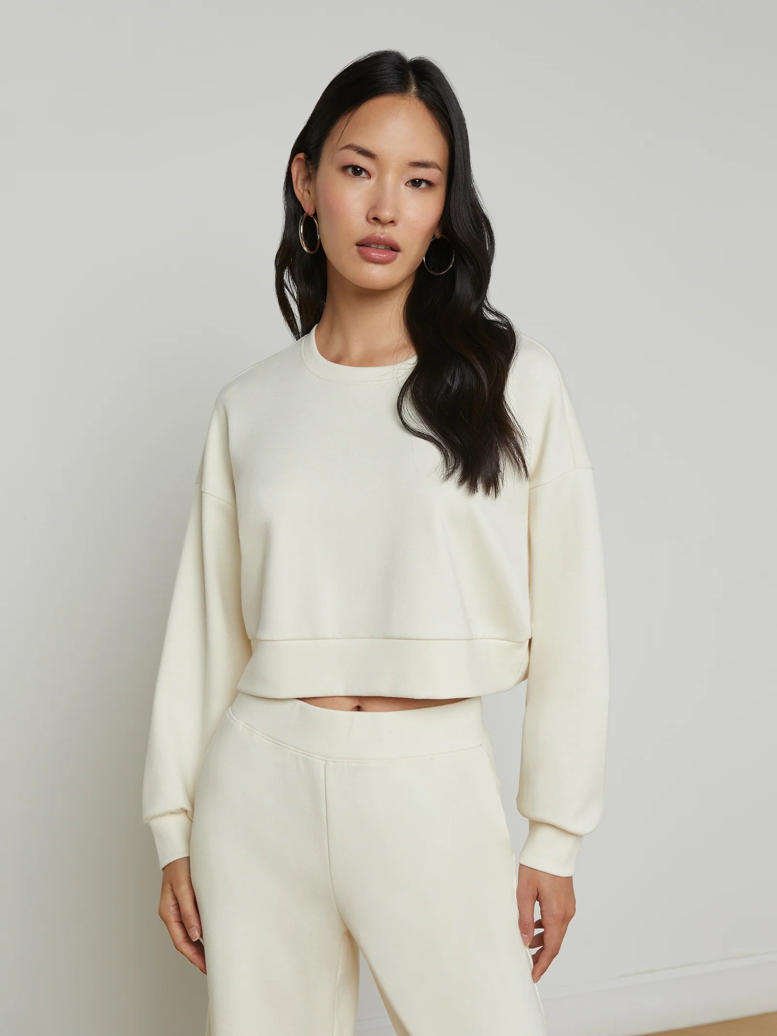 Luvia Cropped Sweatshirt Ivory - L'AGENCE Hoodie with Mock Neck Collared Structured
