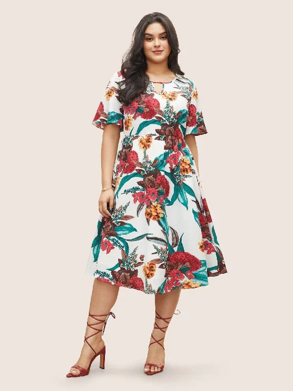 Floral Print Keyhole Pocket Ruffle Sleeve Dress Tunics Modern contemporary