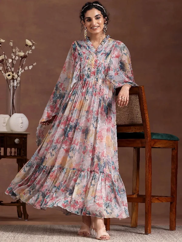 Multicoloured Printed Chiffon A-Line Dress Tunics Chic fashionable