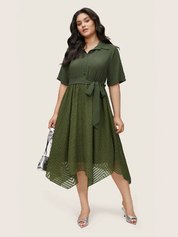Plain Texture Mesh Belted Asymmetrical Hem Dress Crew Neckline Casual