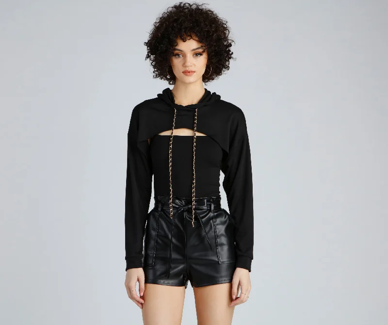Hawt Crop Chain Detail Hoodie Top Hoodie with Tied Waist Feminine Flattering