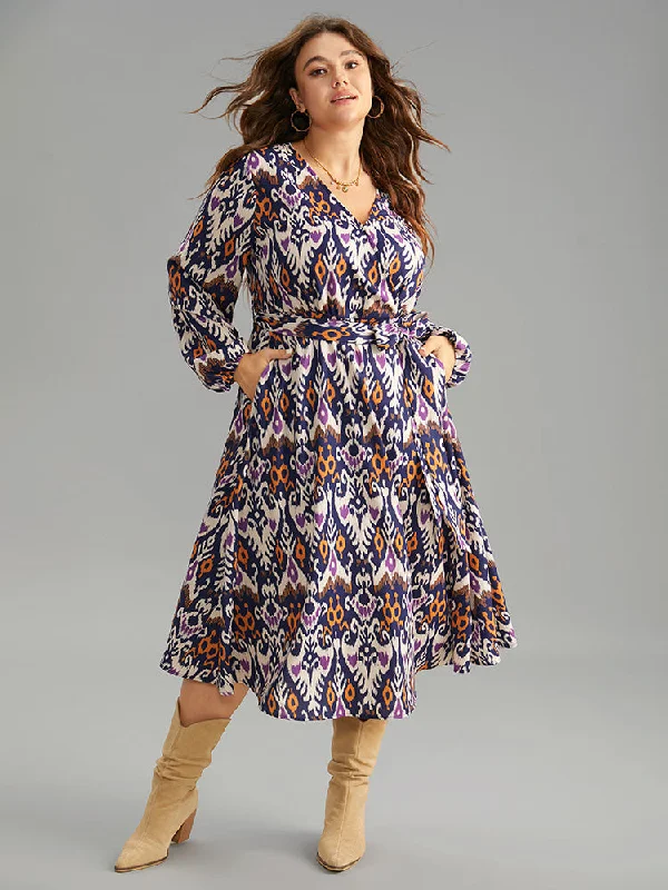 Boho Print Overlap Collar Elastic Waist Belted Dress Tunics Office stylish