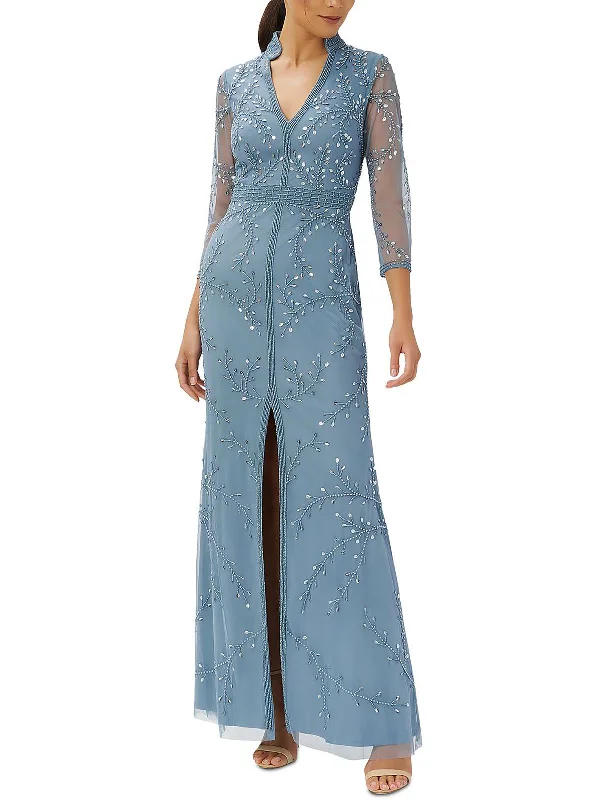 Womens Embellished Sheer Sleeve Evening Dress Tunics Long Elegant