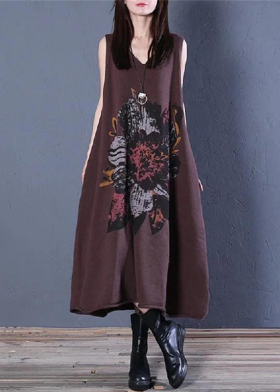 Plus Size Coffee V Neck Print Cotton Knit Long Dress Sleeveless Tunics Summer linen