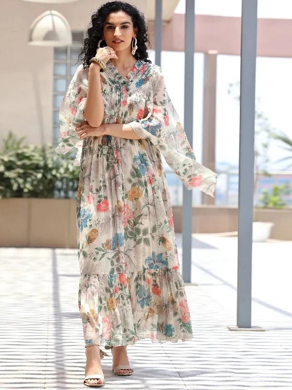 Off White Printed Chiffon A-Line Dress Tunics Handmade artisanal