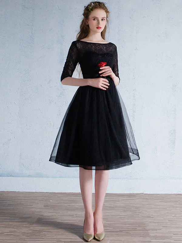 Black Lace Modest Knee Length Formal Prom Evening Dress XLD1012 Tunics Sophisticated sleek