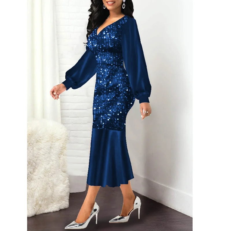 Sequins shining v neck wrap mermaid midi dress | Fall winter long sleves evening party dress Mermaid Tail Wedding Sequins shining v neck wrap mermaid midi dress | Fall winter long sleves evening party dress Mermaid Tail Wedding