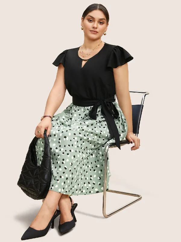 Polka Dot Contrast Patchwork Keyhole Dress Turtleneck Warm Winter