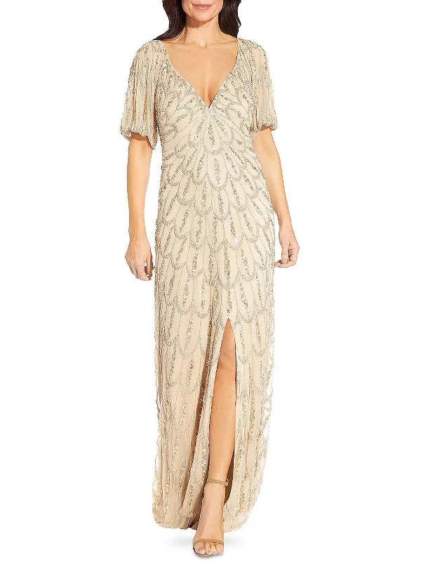 Womens Front Slit Maxi Evening Dress Shift Classic Vintage